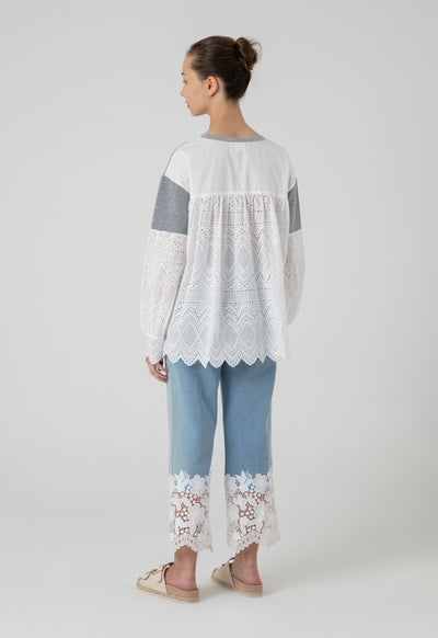 Ribbed Schiffli Long Sleeves Blouse