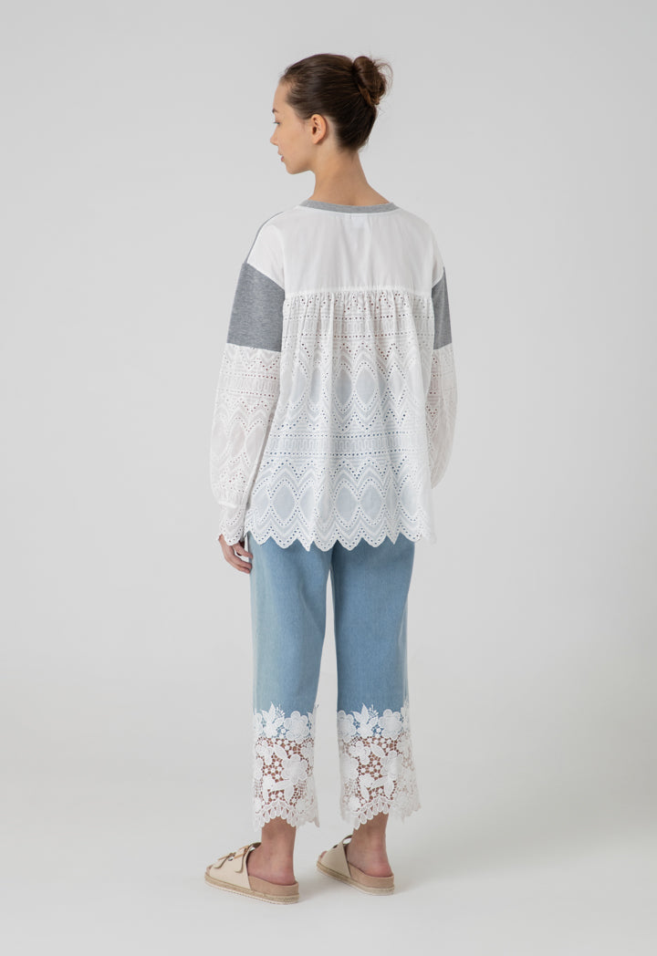 Ribbed Schiffli Long Sleeves Blouse