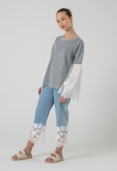 Ribbed Schiffli Long Sleeves Blouse