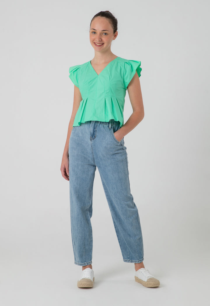 Solid Ruffle Pleated Poplin Blouse