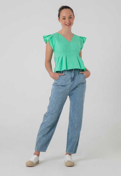 Solid Ruffle Pleated Poplin Blouse