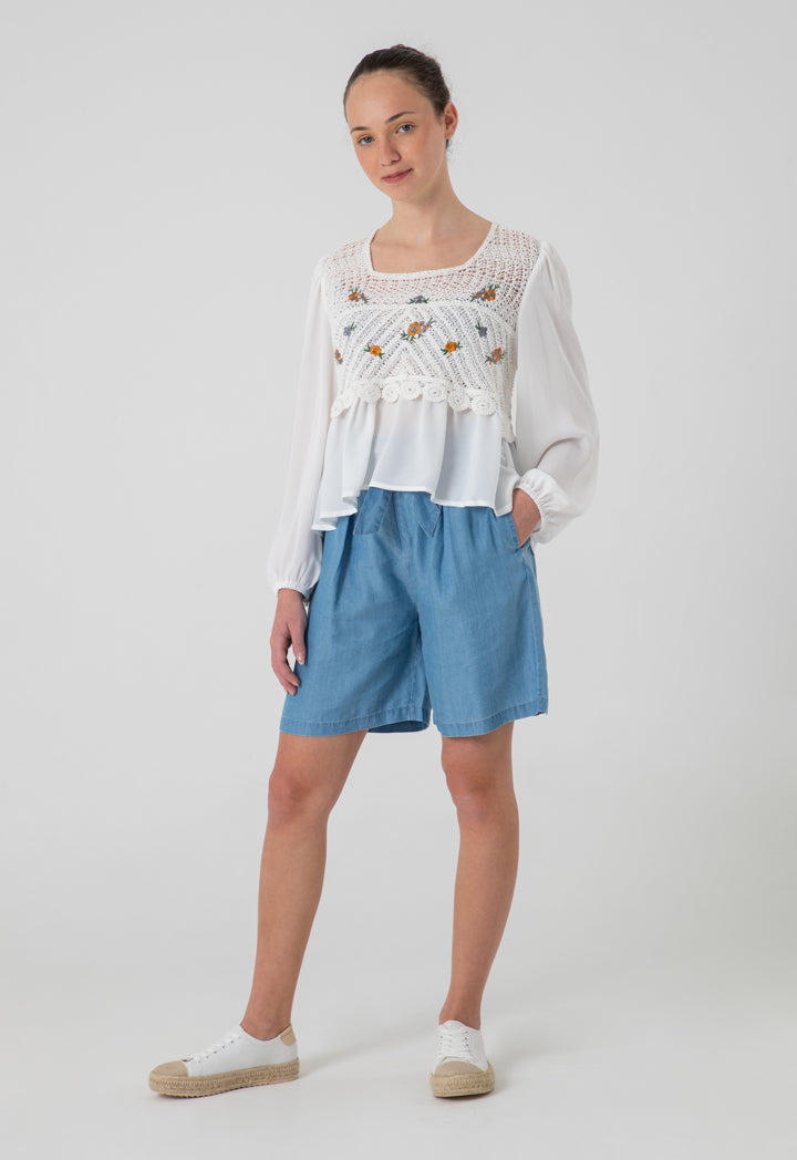Crochet Embroidery Chiffon Long Sleeves Blouse