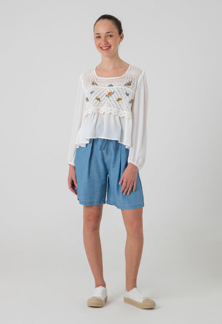 Crochet Embroidery Chiffon Long Sleeves Blouse