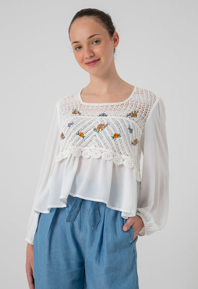 Crochet Embroidery Chiffon Long Sleeves Blouse