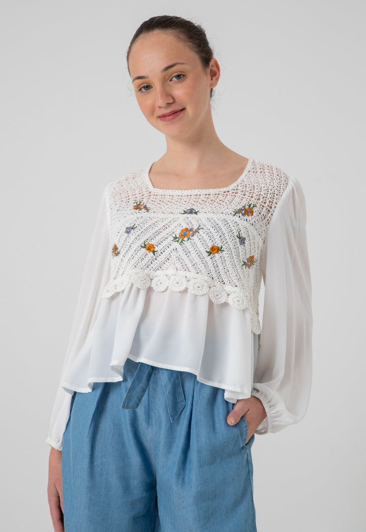 Crochet Embroidery Chiffon Long Sleeves Blouse