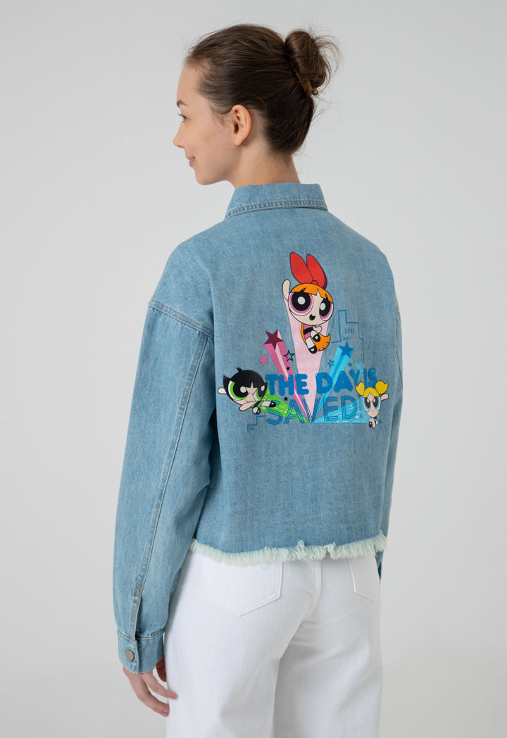 Powerpuff Girls Frayed Gigital Print Denim Jacket