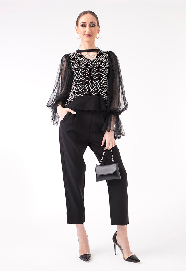 Black Knitted Tulle Sleeve Top