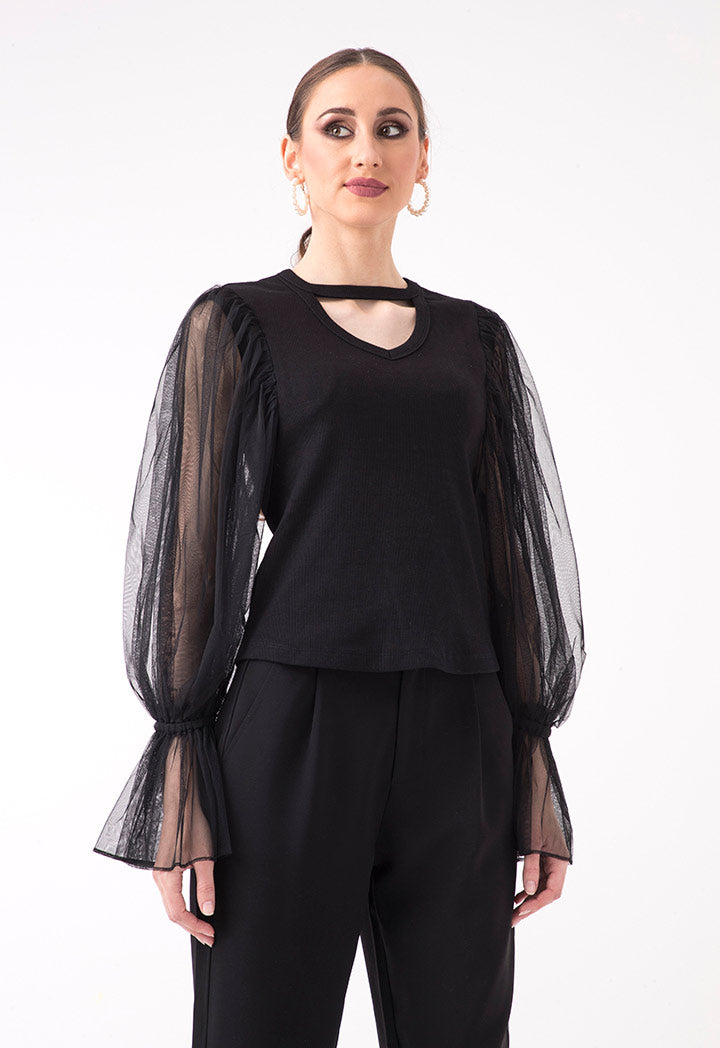 Black Knitted Tulle Sleeve Top