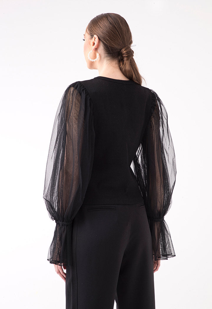 Black Knitted Tulle Sleeve Top