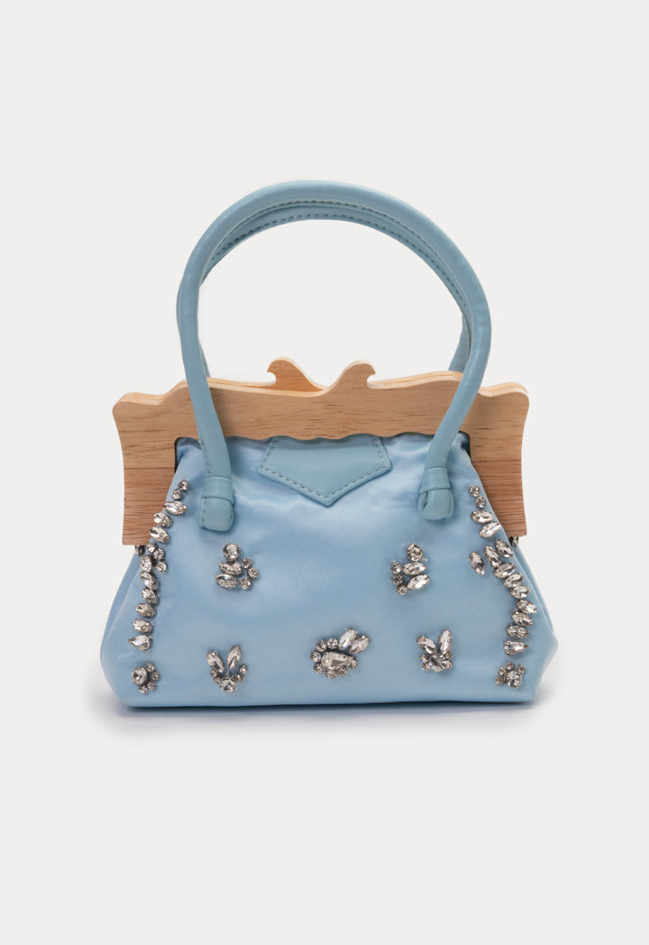 PU Leather Wooden Details Crustal Embellished Bag