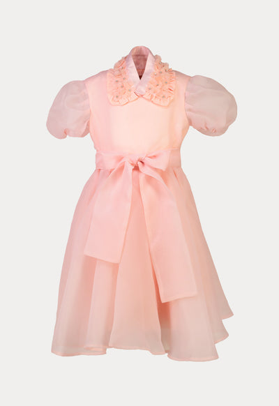 Solid Organza Box Pleated Self Tie Party Dress