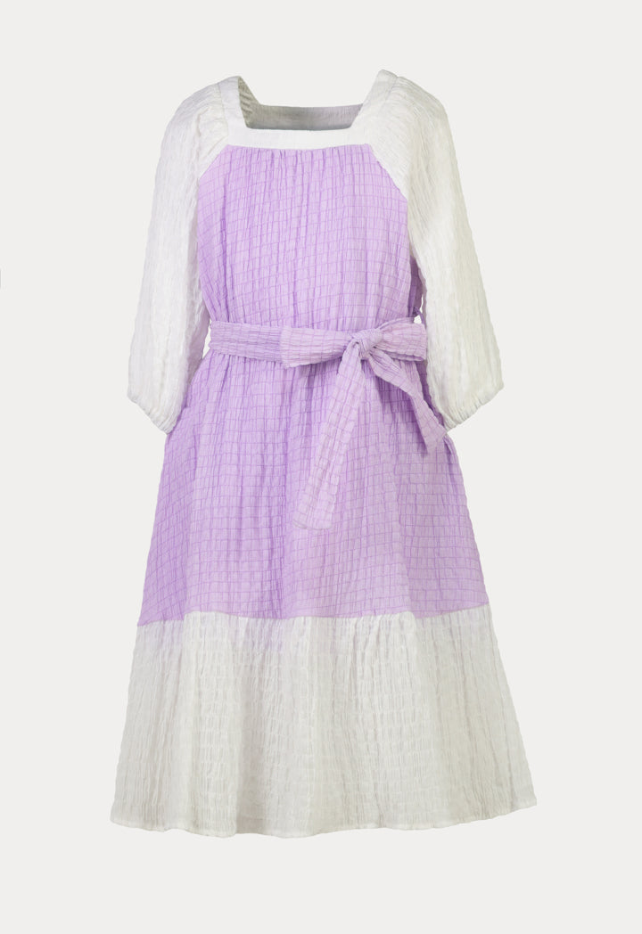 Seersucker Color blocking Long-Sleeves Dress